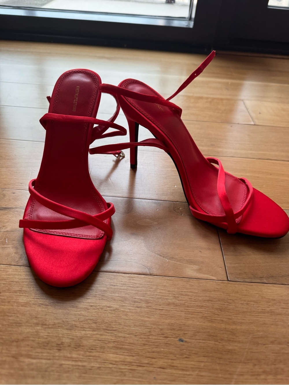 PrettyLittleThing Red Satin Multi-Strap Stiletto Heels